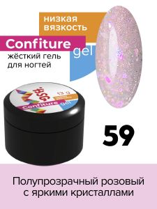 Жёсткий гель для наращивания Confiture №59 НИЗКАЯ ВЯЗКОСТЬ - Полупрозрачный розовый с яркими кристаллами, 13 г - NOGTISHOP