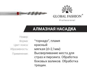 Алмазная насадка для кутикулы пламя, красная насечка торнадо 243/021L, Global Fashion - NOGTISHOP