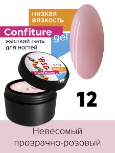 Жёсткий гель для наращивания Confiture №12 НИЗКАЯ ВЯЗКОСТЬ - Невесомый прозрачно-розовый, 13 г - NOGTISHOP